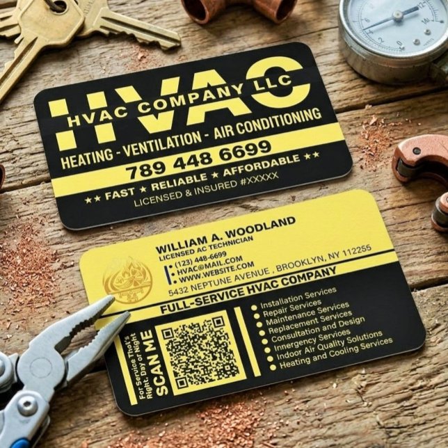 Värme & Luftkonditionering | Lyxigaste HVAC Visitkort (black and gold contractor cards, custom heating and cooling cards, HVAC business cards with QR)