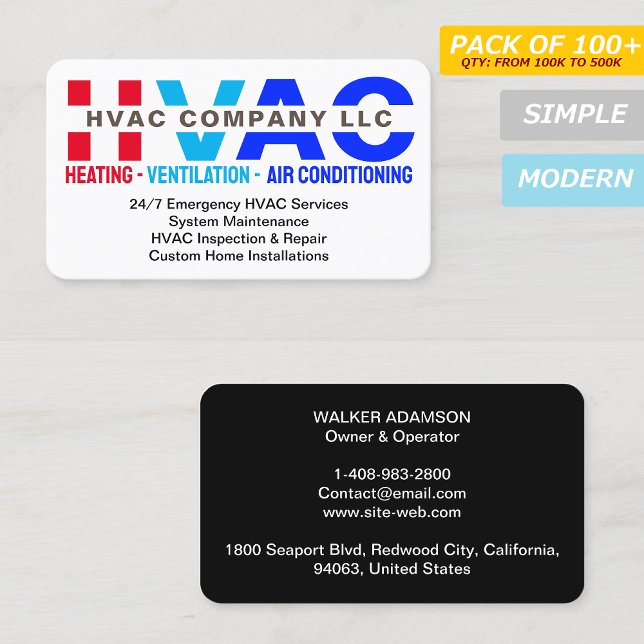 Värme & ventilation & luftkonditionering - HVAC Visitkort (Heating, Cooling, Logo, Modern, Blue, Handyman, Technician, )