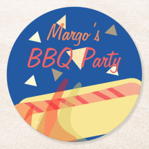 Varmkorv Grillfest BBQ Födelsedagsfest Blå Underlägg Papper Rund