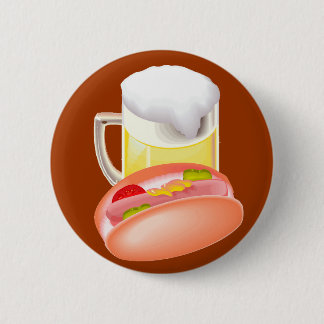 Varmkorv på en bulle och en öl med alla fixins knapp