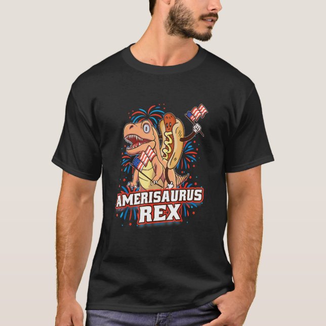 Varmkorv T Rex Dinosaurie 4 juli Amerisaurus Rolig T Shirt (Framsida)
