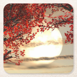 Varmnatt under röd träd - Digital Art Underlägg Papper Kvadrat