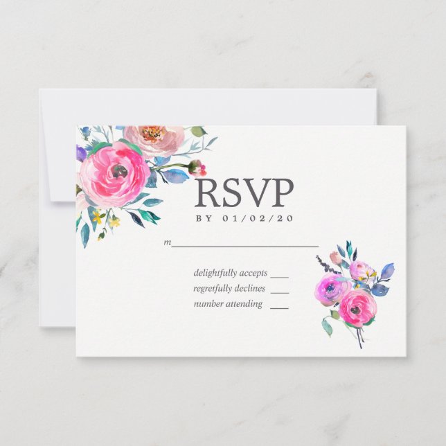 Varmrosa akvarellblommig bröllops-RSVP OSA Kort (Framsida)