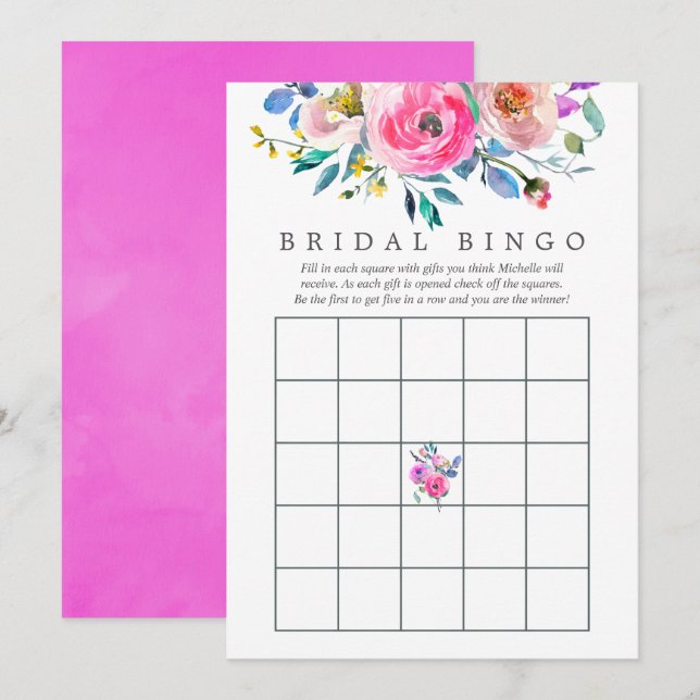 Varmrosa akvarellblommig bröllopsduschbingo inbjudningar (Fram/baksida)