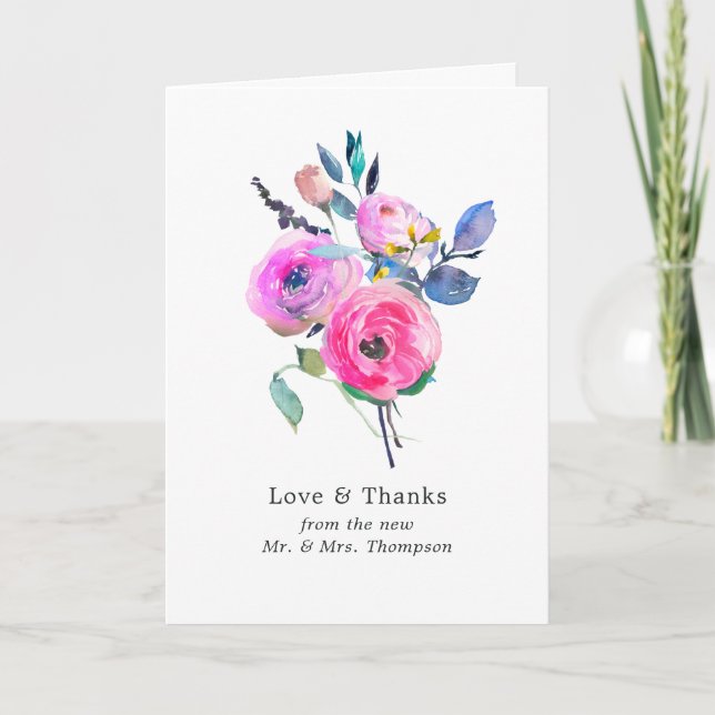 Varmrosa akvarellblommig bröllopsfoto tack kort (Framsida)