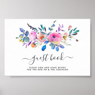 Varmrosa akvarellblommig bröllopsgästbok  poster