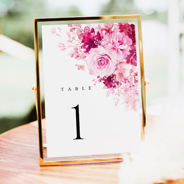Varmrosa blombröllopsbordnummer (Hot Pink Floral Wedding Table Numbers, Elegant Fuchsia Rose Reception Table Number Card, Gold Decor)