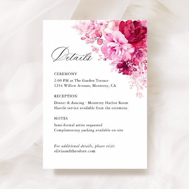 Varmrosa blombröllopsdetaljer, Information Tilläggskort (Hot Pink Floral Wedding Details Card, Fuchsia Rose Wedding Information Card, Elegant Garden Wedding)