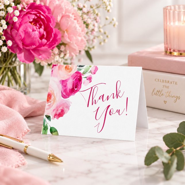 Varmrosa blombröllopsdusch  tack kort (Hot Pink Floral Thank You Card for Bridal Shower or Birthday)