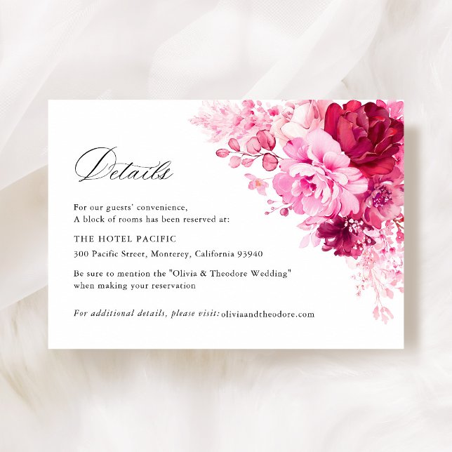 Varmrosa blombröllopshotellinformation tilläggskort (Hot Pink Floral Wedding Details Card, Fuchsia Rose Hotel Accommodation Insert Elegant Garden Wedding)