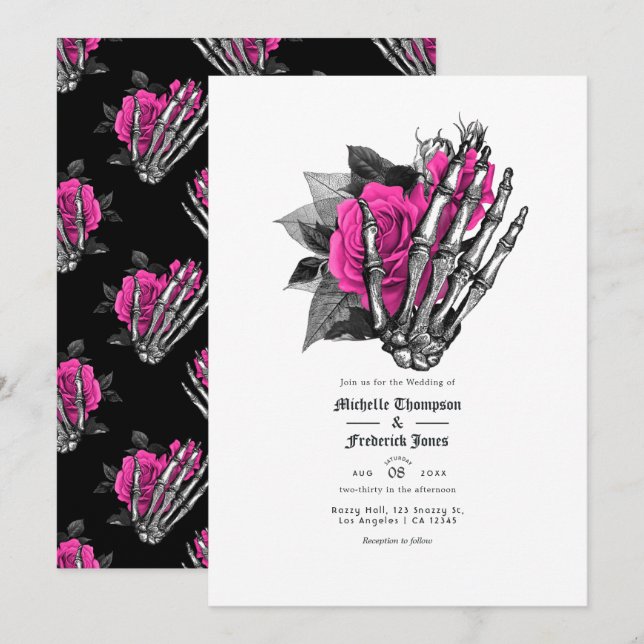 Varmrosa blomstergotisk bröllops QR-kod Inbjudningar (Fram/baksida)