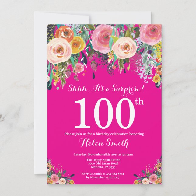 Varmrosa blomsteröverraskning 100-års födelsedagsi inbjudningar (Framsida)
