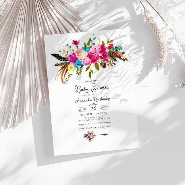 Varmrosa Boho Chic Blommig Bebis Shower Inbjudningar (Hot-Pink Boho Chic Floral Baby Shower Invitation)