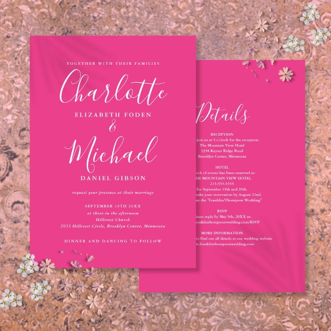 Varmrosa Enkel Allt-i-ett Chic Skript Bröllop Inbjudningar (Hot Pink Simple All In One Chic Script Wedding Invitation)