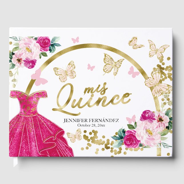 Varmrosa fjärilsklänning Quinceanera gästbok   (Framsida)
