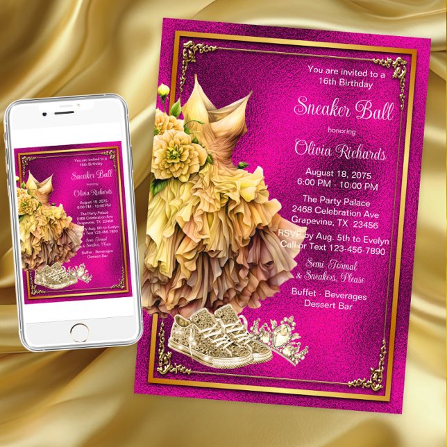 Varmrosa guld sneakersboll  inbjudningar (Hot pink gold sneaker ball invitation. Instant download and printed invitations available.)