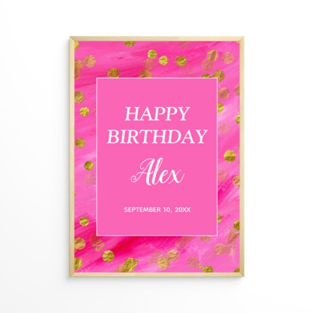 Varmrosa Guldglitter Glad födelsedag Namn Datum Poster (Pink and gold glitter custom birthday party poster)