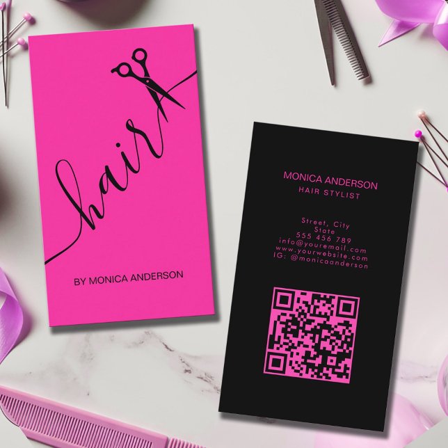 Varmrosa Hår Script Stylist Sax QR-kod Busi Visitkort (Hot Pink Hair Script Stylist Scissors QR Code Busi Business Card)