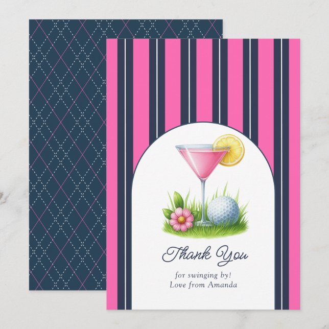 Varmrosa, marinblå och vit preppy-martini-golfpart tack kort (Fram/baksida)