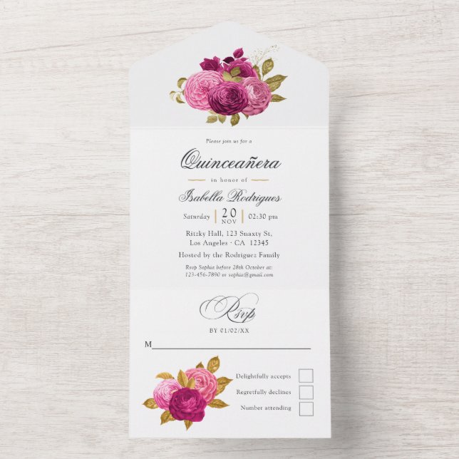 Varmrosa och guld Blommig Quinceañera (Insida)