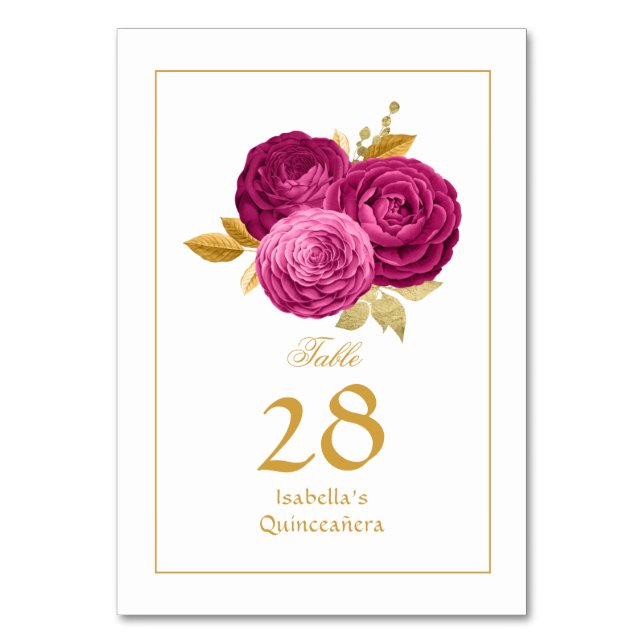 Varmrosa och guld Blommig Quinceañera Bordsnummer (Framsidan)
