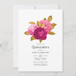 Varmrosa och guld Blommig Quinceañera Foto Inbjuda Inbjudningar