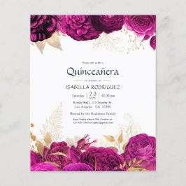 Varmrosa och guld Blommig Quinceañera-inbjudan Flygblad