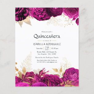 Varmrosa och guld Blommig Quinceañera-inbjudan Flygblad