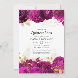 Varmrosa och guld Blommig Quinceañera Inbjudningar