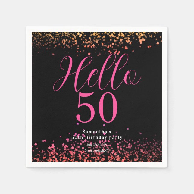 Varmrosa och svart falskt glitter 50-årsfirande pappersservett (Framsidan)