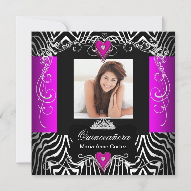 Varmrosa Quinceanera 15-års födelsedags Zebra Foto Inbjudningar (Framsida)