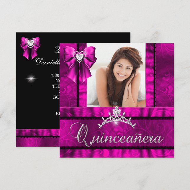 Varmrosa Quinceanera 15-års födelsedagsfest Foto Inbjudningar (Fram/baksida)