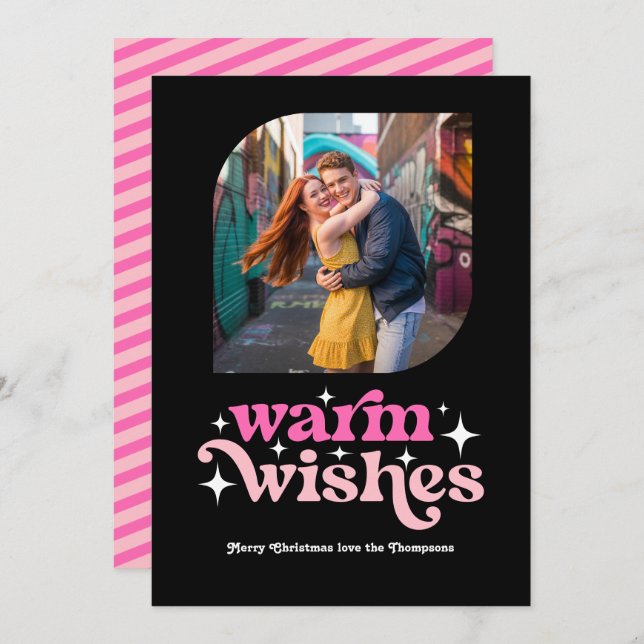 Varmrosa & rosa modern retro julfoto julkort (Fram/baksida)