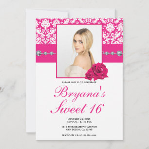 Varmrosa rosor & Damask Diamant Bling Inbjudningar