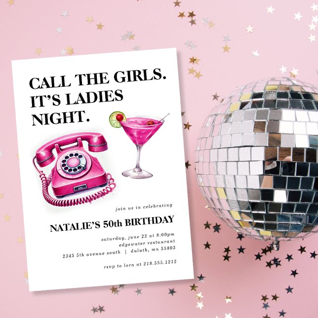 Varmrosa Roterande Telefon Flicka Födelsedagsfiran Inbjudningar (Hot Pink Rotary Phone Call the Girls Birthday Invitation)