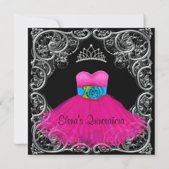 Varmrosa svarta Quinceanera-inbjudningar Inbjudningar (Framsida)