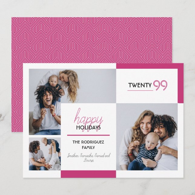 Varmrosa tre-bilds God Jul Julkort (Fram/baksida)
