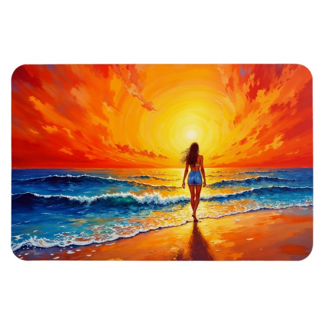 Varmsolnedgång för kvinnors promenadstrand magnet (Horisontell)