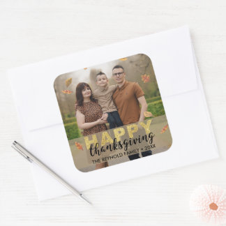 Varmt blad Guldskript Glad Thanksgiving | Foto Fyrkantigt Klistermärke
