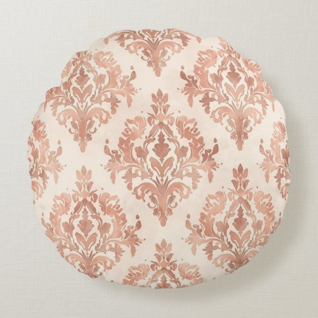 Varmt fersken-damask vattenfärg ornamental mönster rund kudde (Framsidan)