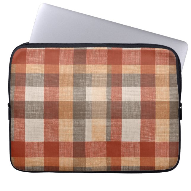Varmt höstkaroad tyg i rost och beige laptop fodral (Framsidan)
