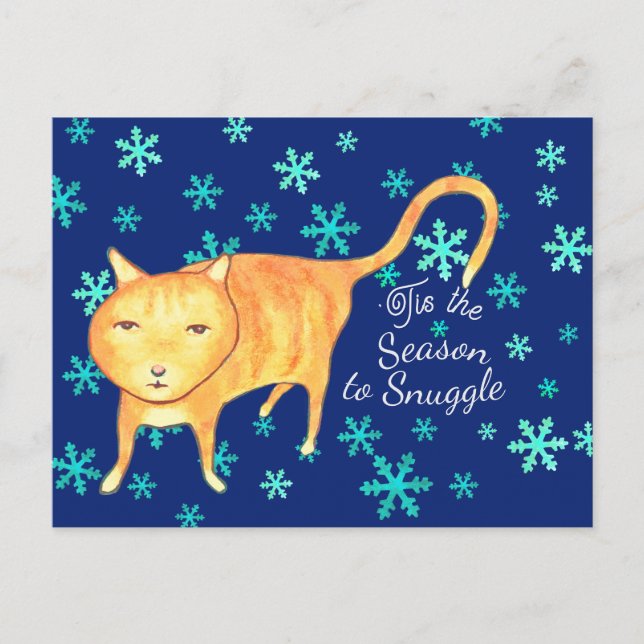 Varmt ludd & vinterflingor julkatt helg vykort (Framsida)
