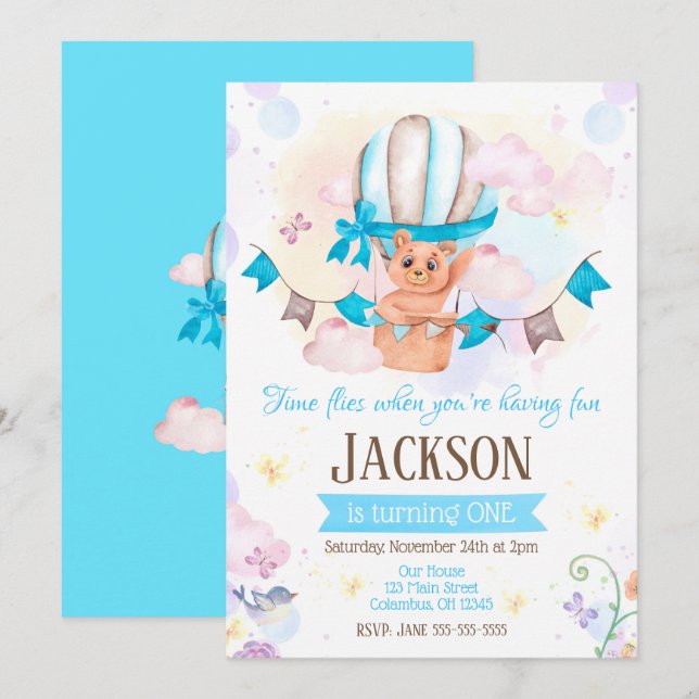 Varmt luftballong 1-års födelsedagsinbjudan inbjudningar (Fram/baksida)