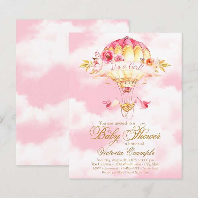Varmt Luftballong Rosa Guld Bebis Bjudningar Inbjudningar (Fram/baksida)