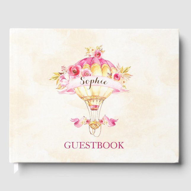 Varmt luftballong Rosa Guld Gula Rosor Gästböcker (Framsida)