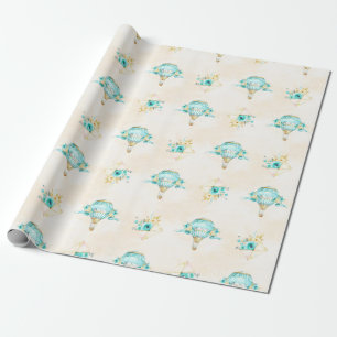 Varmt Luftballong Turkos Gula Rosor Presentpapper