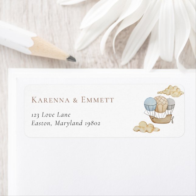 Varmt luftballong Vit baby shower returadress Etikett (Insitu)