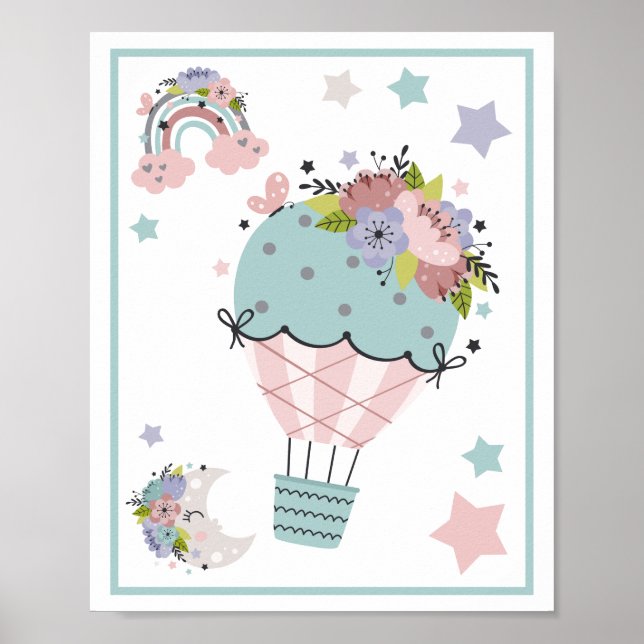 Varmt luftballongsmoln, regnbåge, månkonsttryckssa poster (Framsidan)