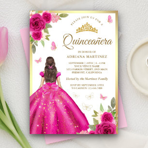 Varmt Rosa Blommig Klänning Fjäril Guld Quinceaner Inbjudningar
