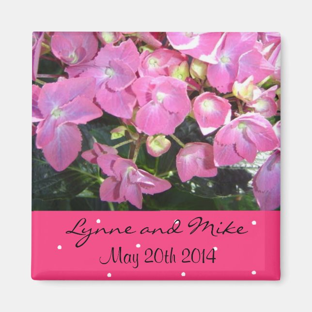 Varmt rosa blomsterliggande datum magnet (Framsidan)